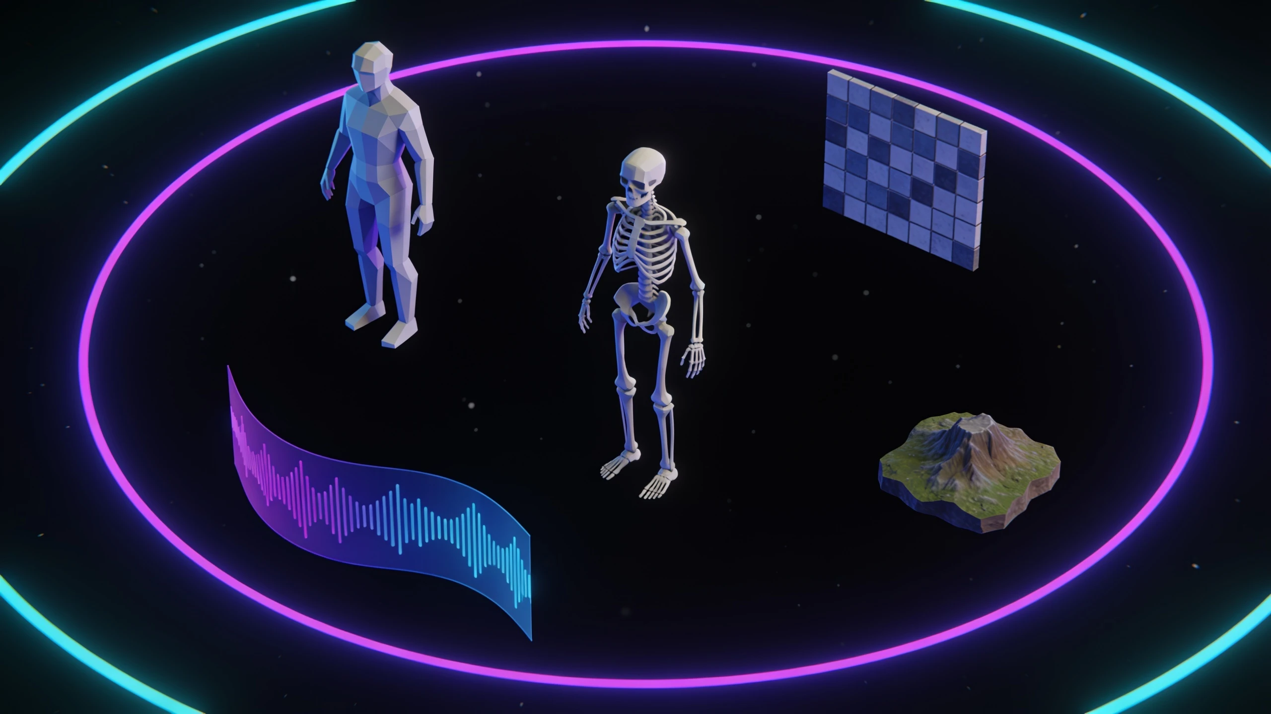 A ring of game production assets: a 3D character, a rig, a texture, a waveform, and a terrain chunk