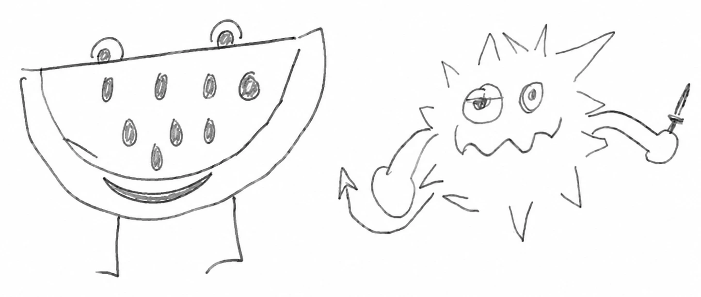 A pencil sketch of a smiling watermelon slice with legs beside a spiky microbe holding a knife