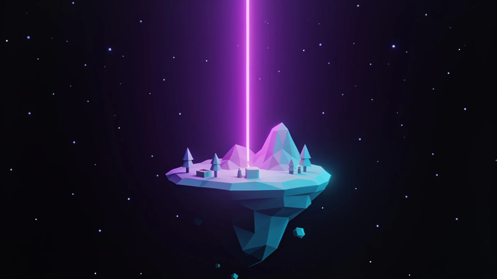 A stylized low-poly game world with light beaming up from it